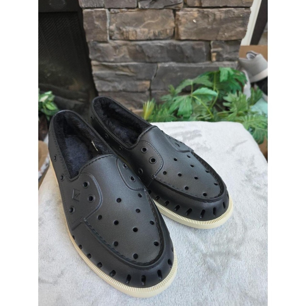 Sperry Mens  Fur Lined Float Cozy Black Rubber Boat Shoes Size 10